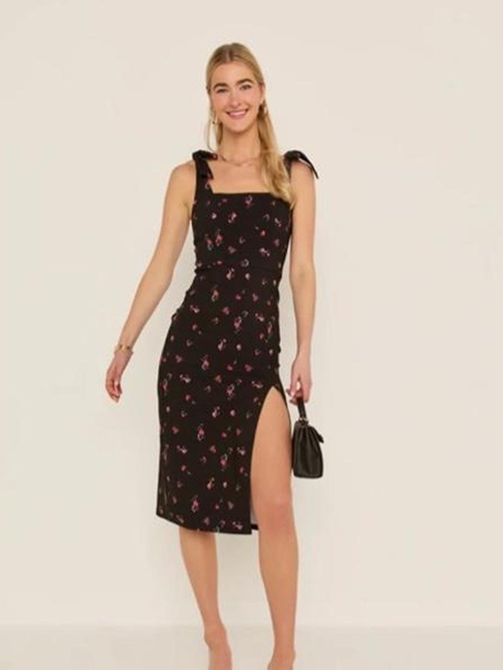 Francesca's Collections Black Midi Dress with Pink Floral Print and Side Slit